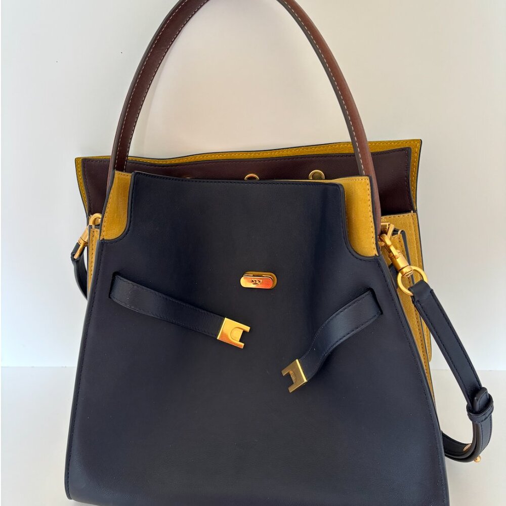 Tory Burch Large Lee Radziwill Double Bag - Navy leather, yellow suede NWOT